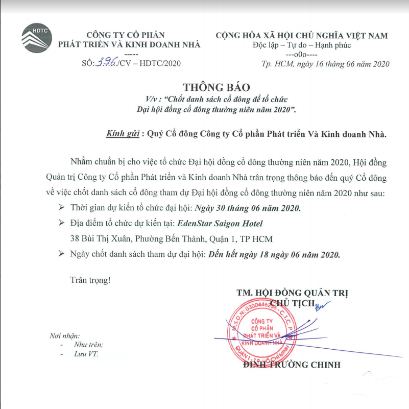 THÔNG BÁO V/v: "Chốt danh sách cổ đông để tổ chức Đại hội đồng cổ đông thường niên năm 2020