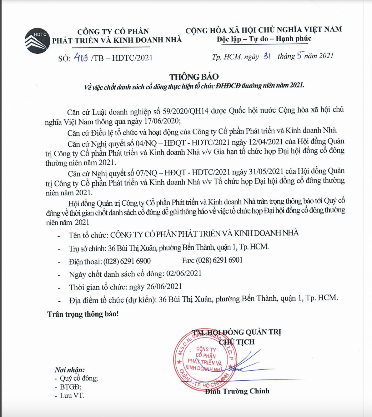 THÔNG BÁO: Về việc chốt danh sách cổ đổng thực hiện tổ chức ĐHĐCĐ thường niên năm 2021
