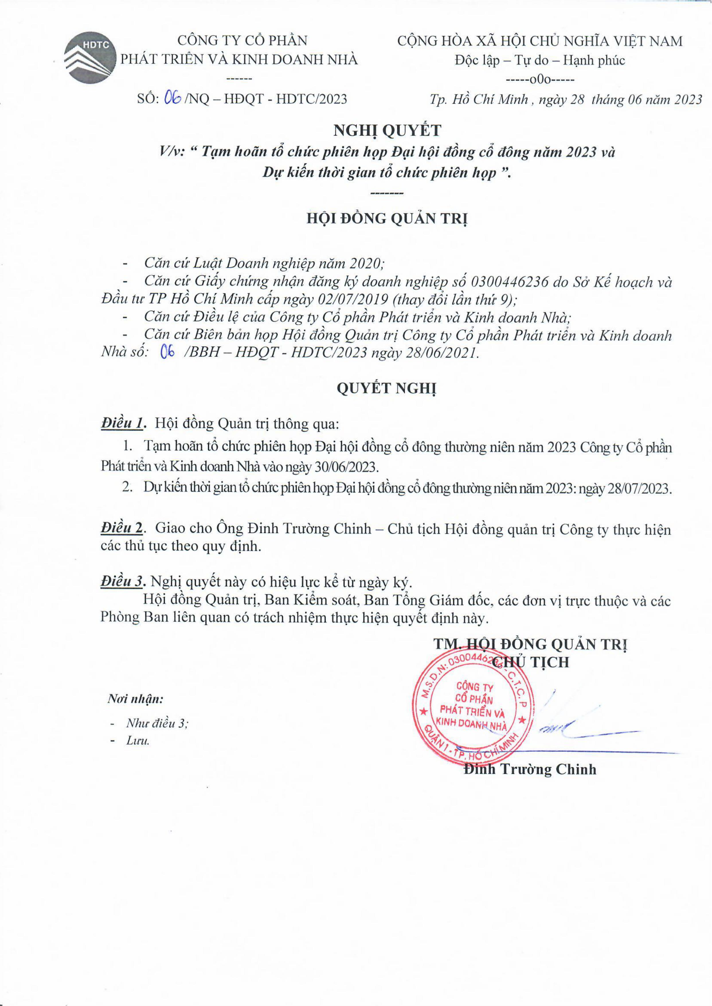 Nghị quyết số 06 Tạm hoãn thời gian tổ chức ĐHĐCĐ 2023 và dự kiến thời gian tổ chức